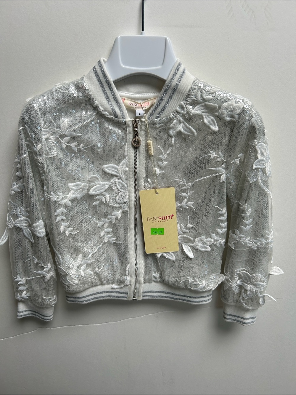 Baby Sara White Sequin Floral Bomber Jacket w Raised Appliqués. NWT